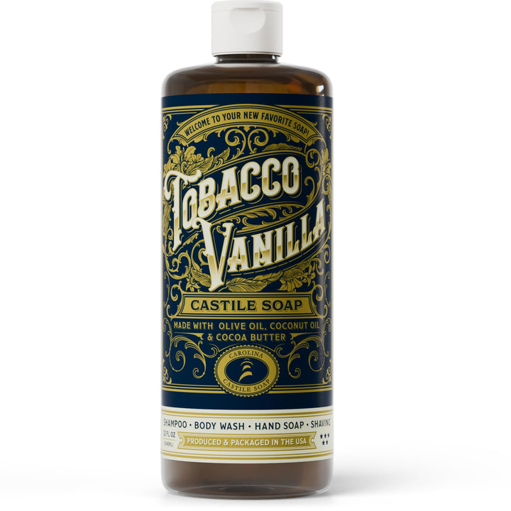 Carolina Castile front bottle view showing tobacco vanilla label and size benefit