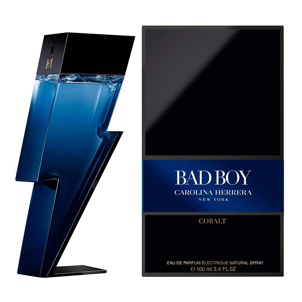 Carolina Herrera Bad Boy Cobalt side label close-up showing name and refined packaging detail
