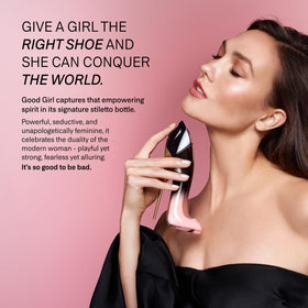 Carolina Herrera Good Girl spray mist captured mid-air demonstrating fine atomization for even application