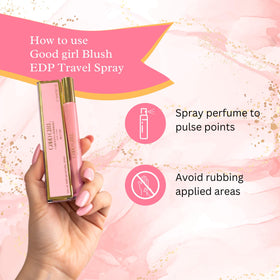 Carolina Herrera Good Girl Blush in a purse showing travel-ready size and convenience benefit