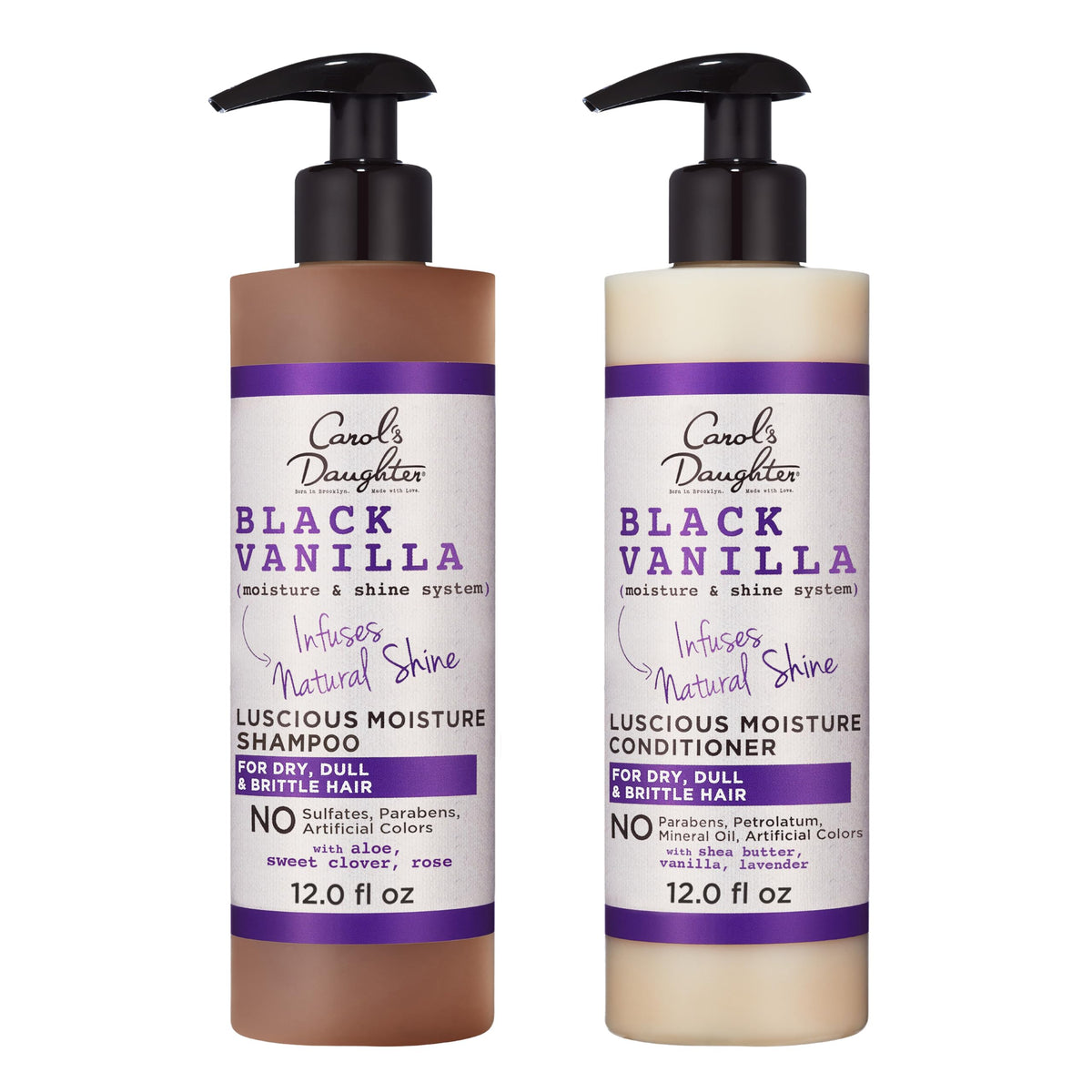 Carol's Daughter front packaging showing the Black Vanilla duo and benefits of moisture