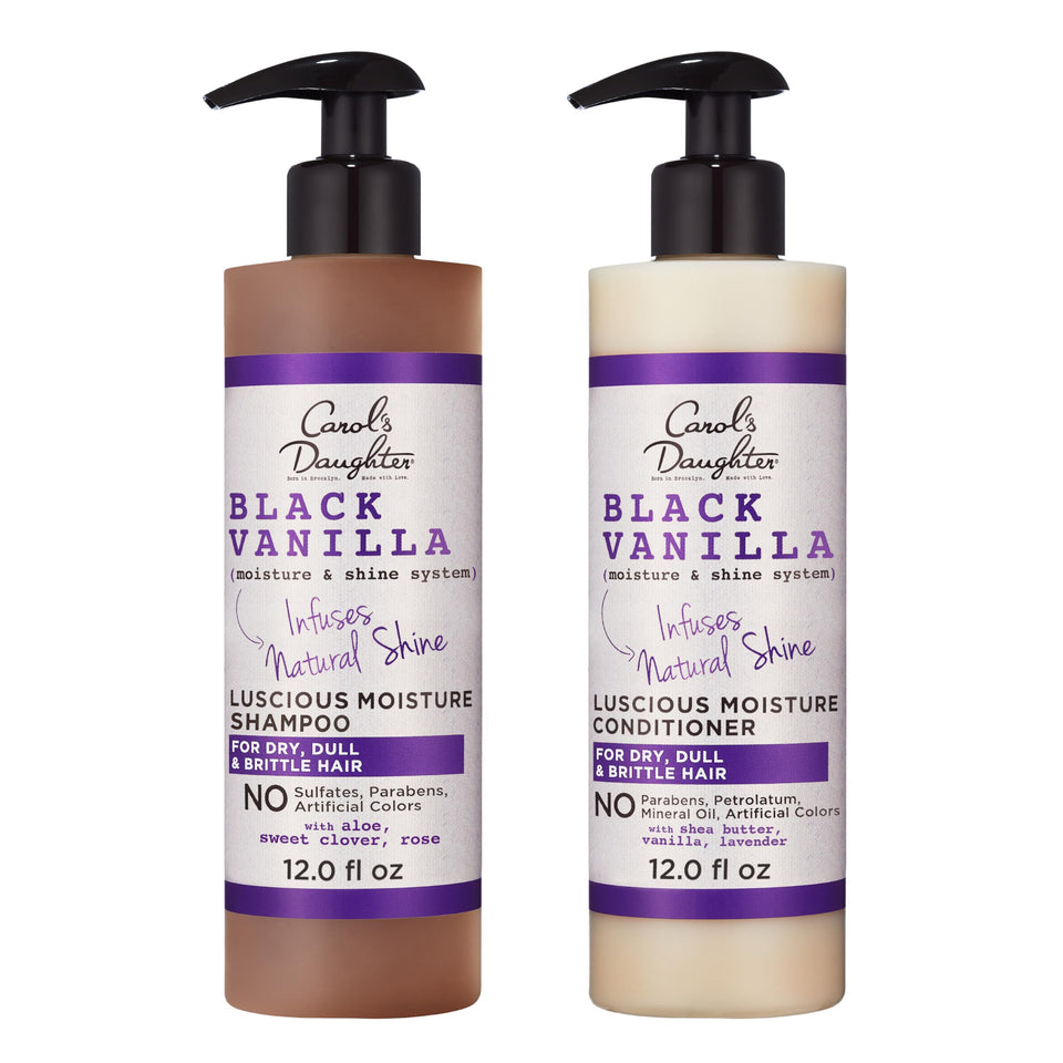 Carol's Daughter front packaging showing the Black Vanilla duo and benefits of moisture