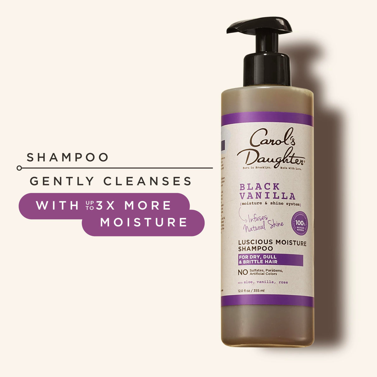 Carol's Daughter vanilla and rose ingredients conveying scent and shine benefit