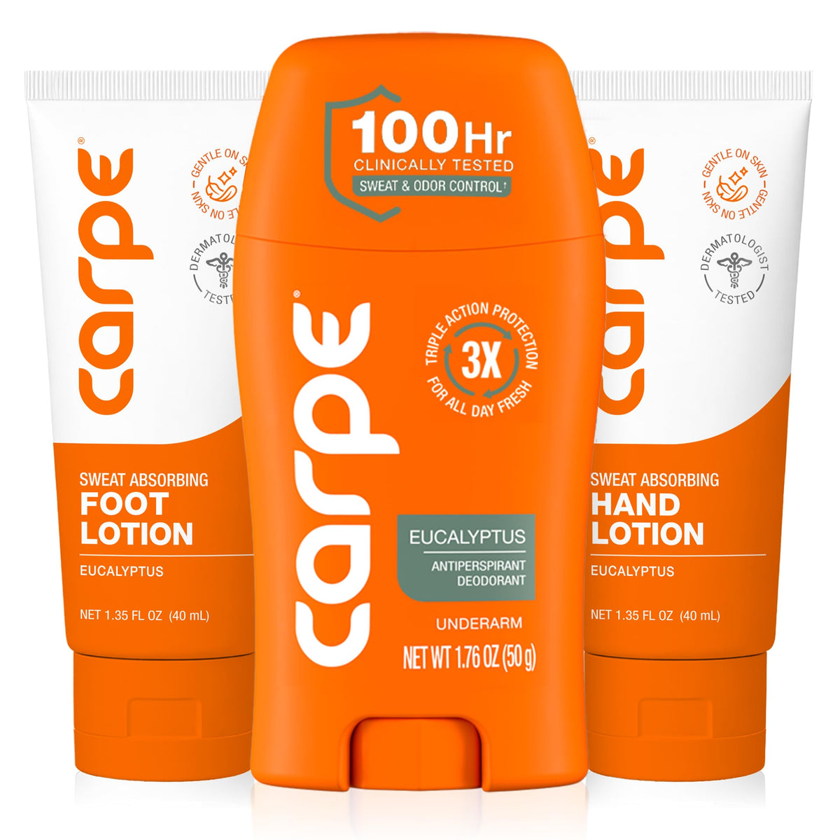 Carpe head to toe bundle front packaging showing three products and eucalyptus scent