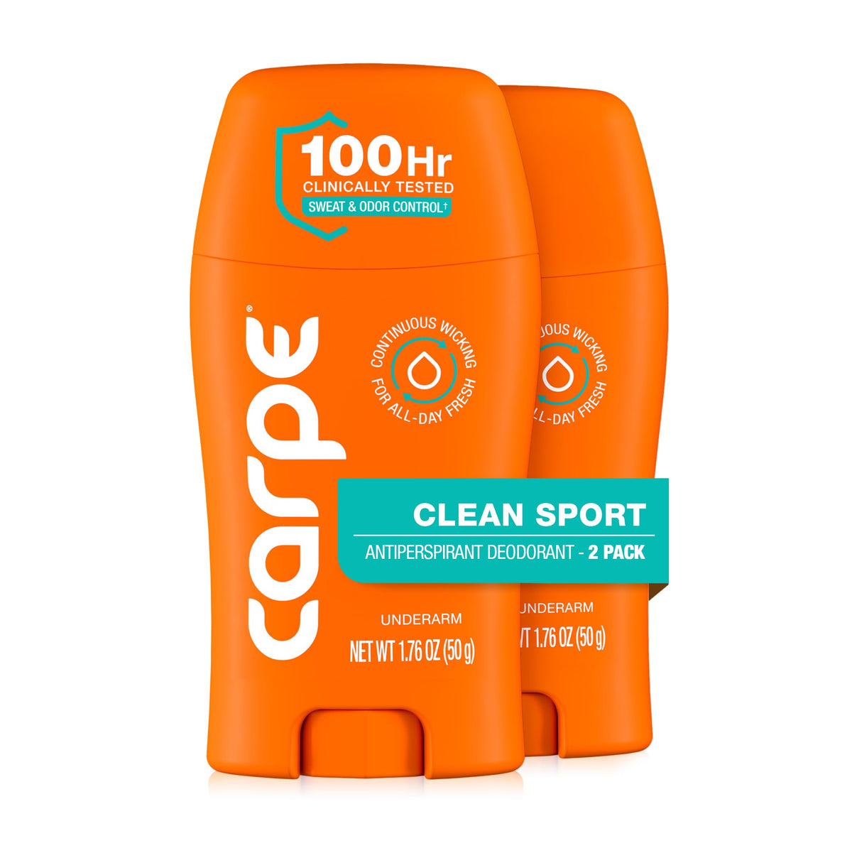 Carpe front packaging showing Clean Sport scent and 2-pack benefit