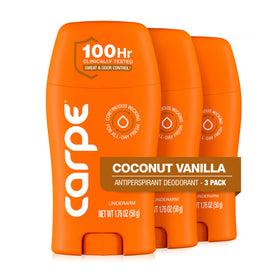 Carpe front packaging showing Coconut Vanilla scent and clinical strength benefit