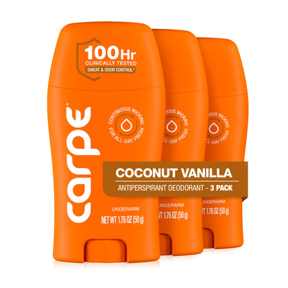 Carpe front packaging showing Coconut Vanilla scent and clinical strength benefit