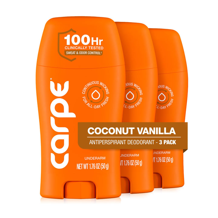 Carpe front packaging showing Coconut Vanilla scent and clinical strength benefit