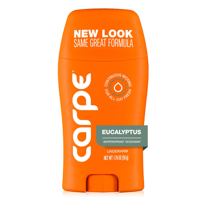 Carpe front packaging displaying eucalyptus scent and clinical strength benefit