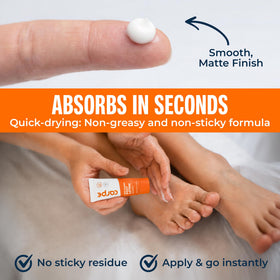 Person applying Carpe foot lotion to sole showing application method and dry-time benefit