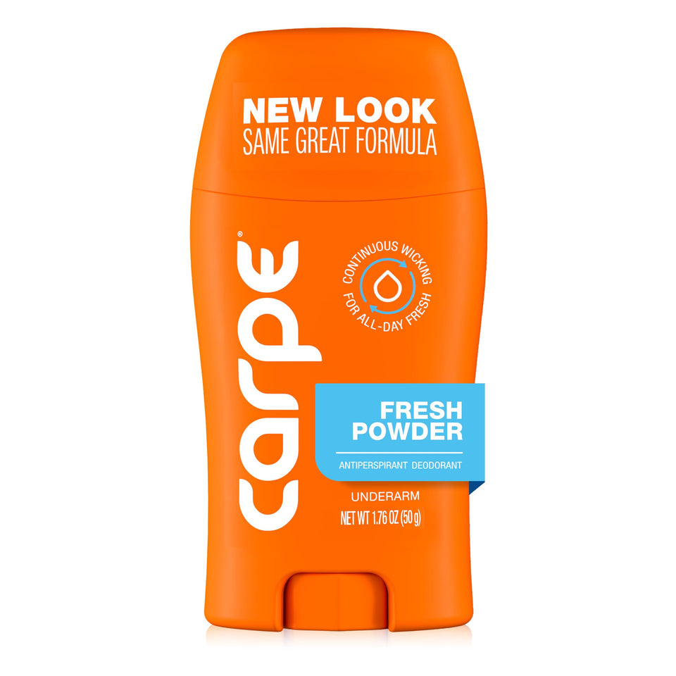 Carpe front packaging showing Fresh Powder clinical antiperspirant benefit