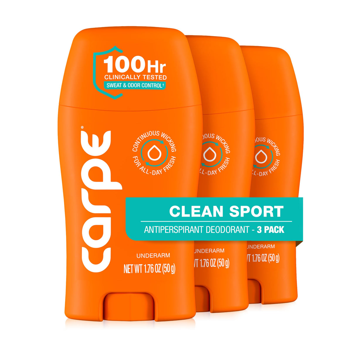 Carpe front packaging showing clean sport scent and long‑lasting protection