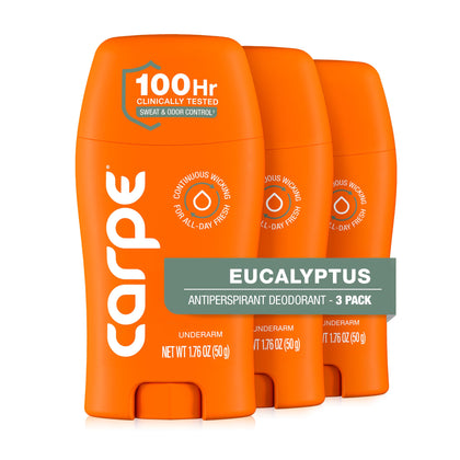 Carpe front packaging showing eucalyptus scent and three-pack benefit