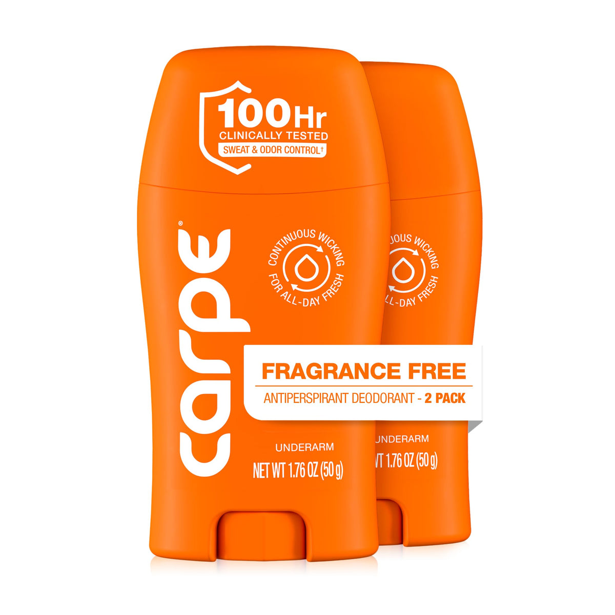 Carpe front packaging showing fragrance-free two-pack and benefits