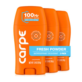 Carpe front packaging showing Fresh Powder scent and clinical strength benefit