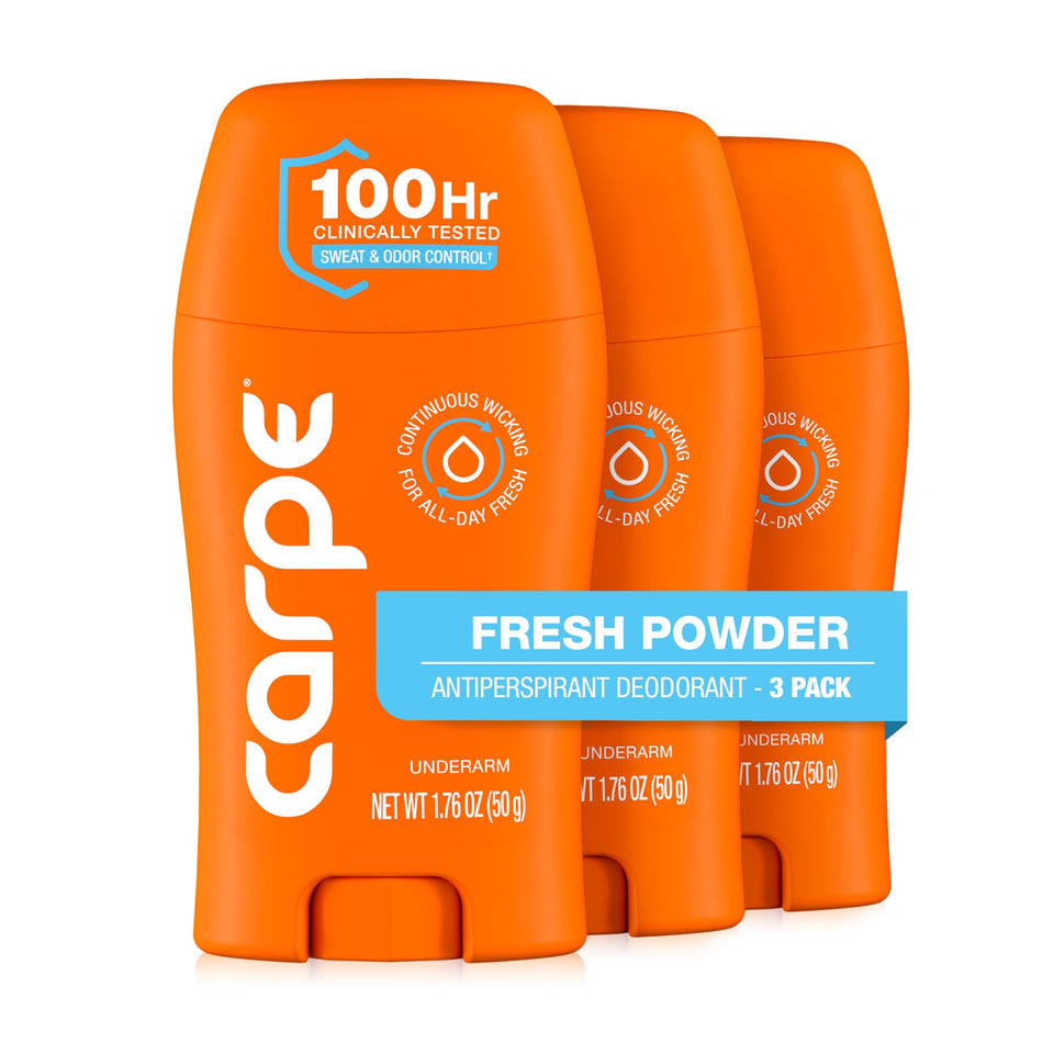 Carpe front packaging showing Fresh Powder scent and clinical strength benefit