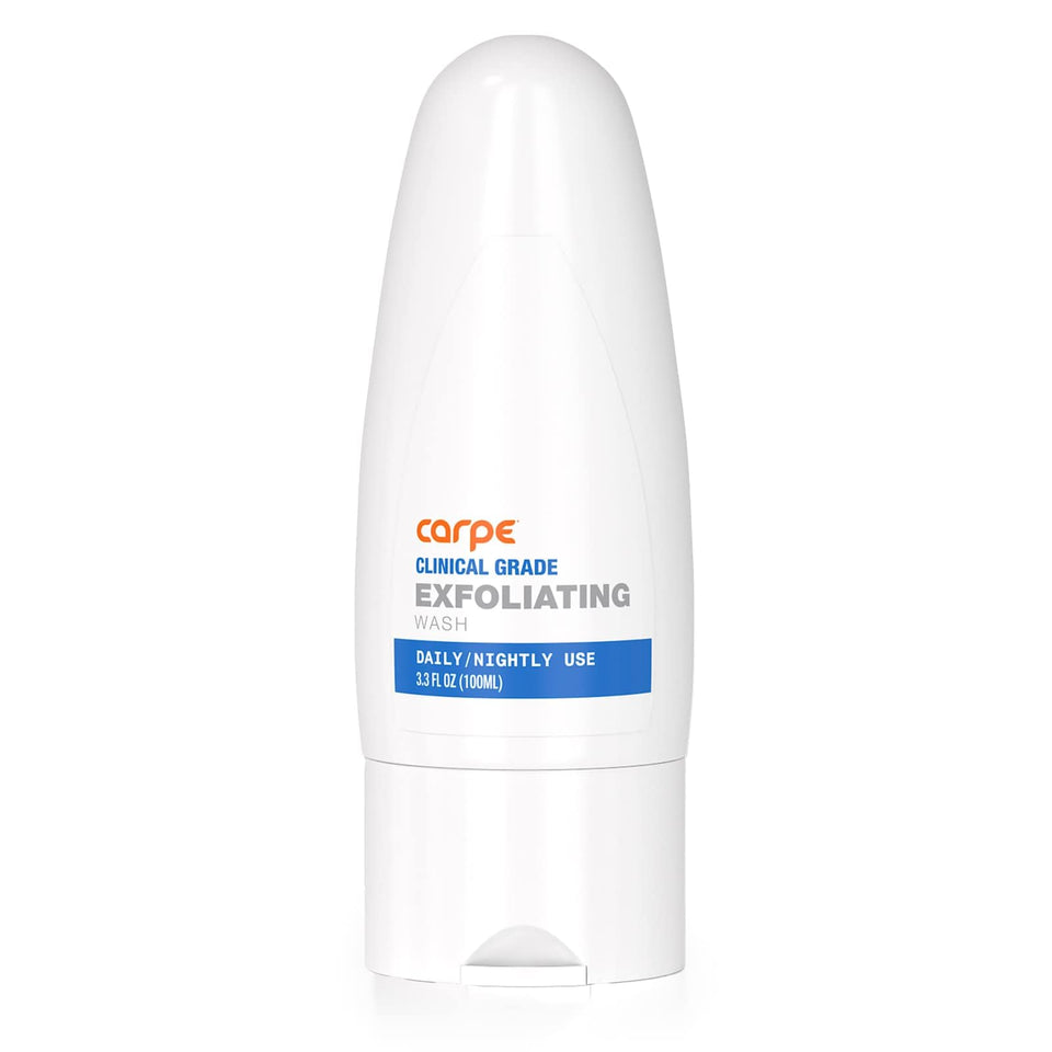 Carpe front packaging showing minty exfoliating scrub and brand for clear benefits