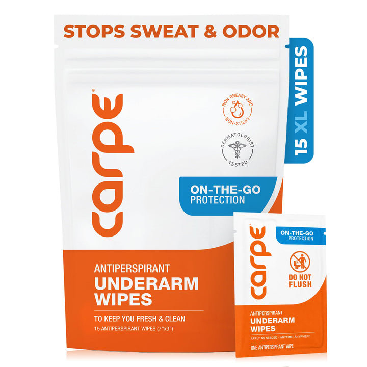 Carpe front packaging showing 15 individually wrapped wipes and benefits