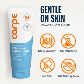 Carpe 3oz tube beside a hand for size and portability reference