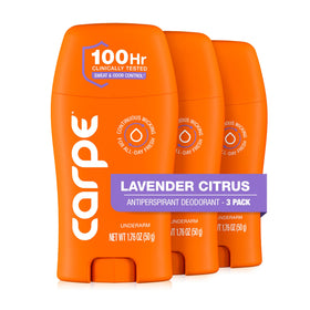 Carpe front packaging showing Lavender Citrus clinical antiperspirant benefits