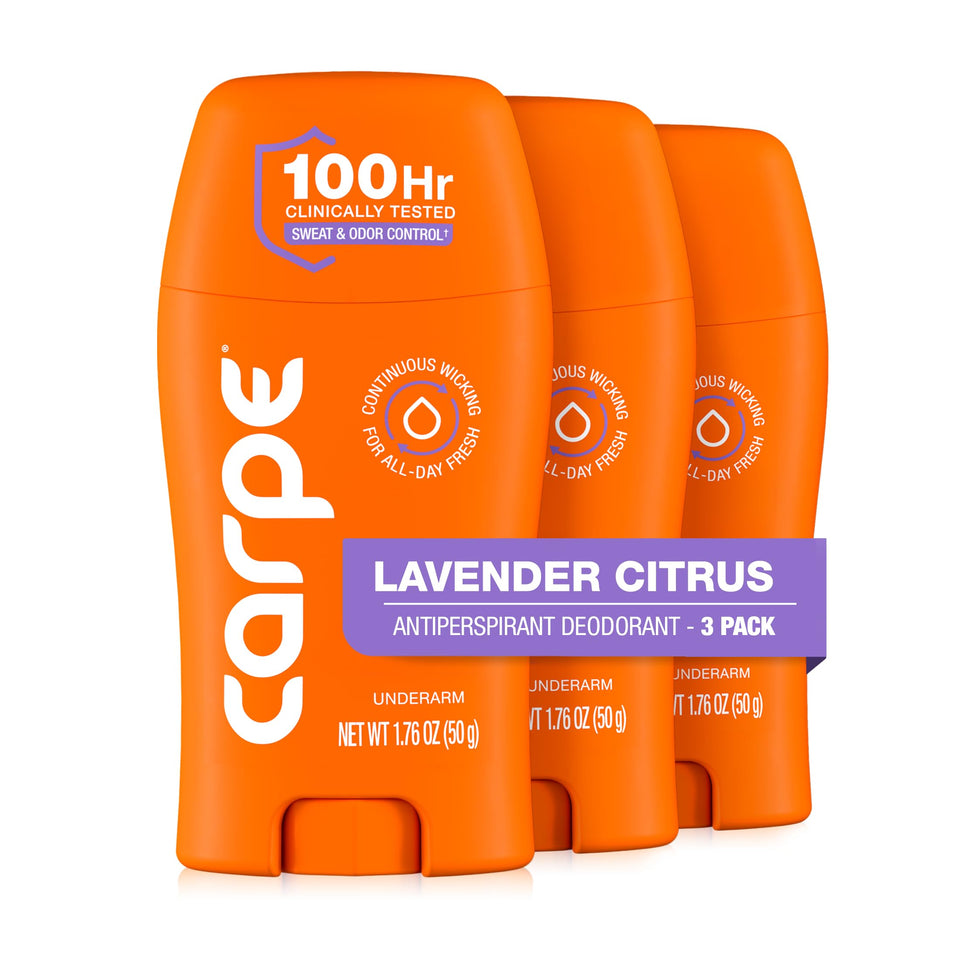 Carpe front packaging showing Lavender Citrus clinical antiperspirant benefits