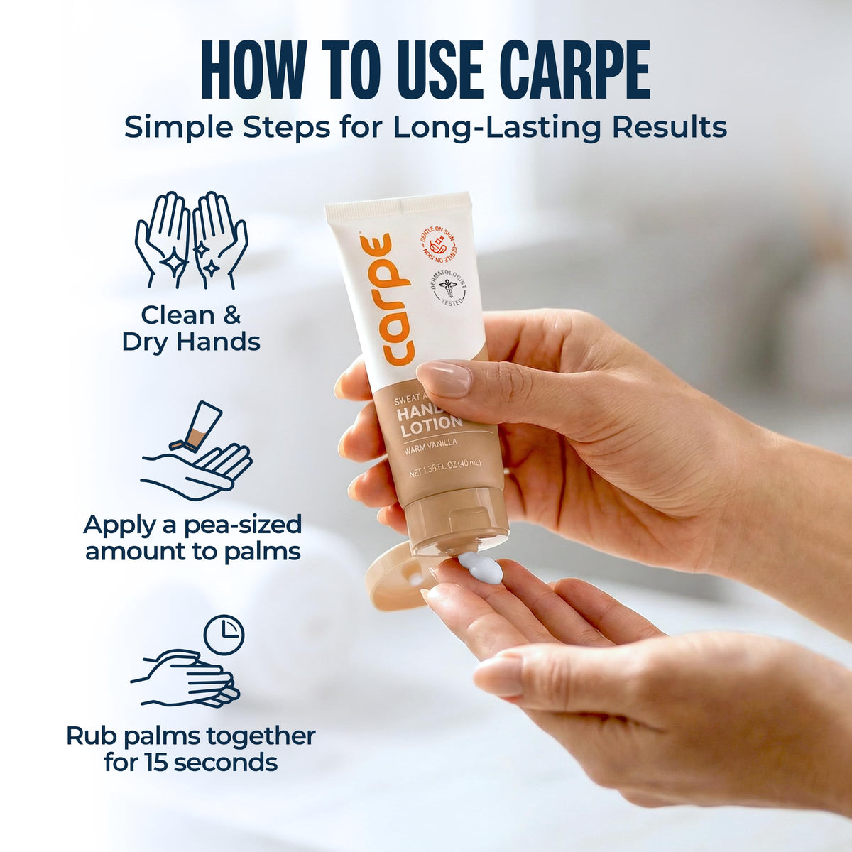 Carpe lotion absorbing on palm highlighting non-greasy finish
