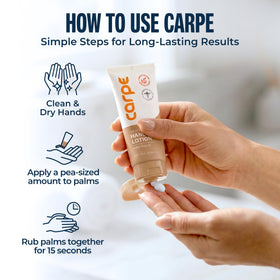 Carpe lotion absorbing on palm highlighting non-greasy finish