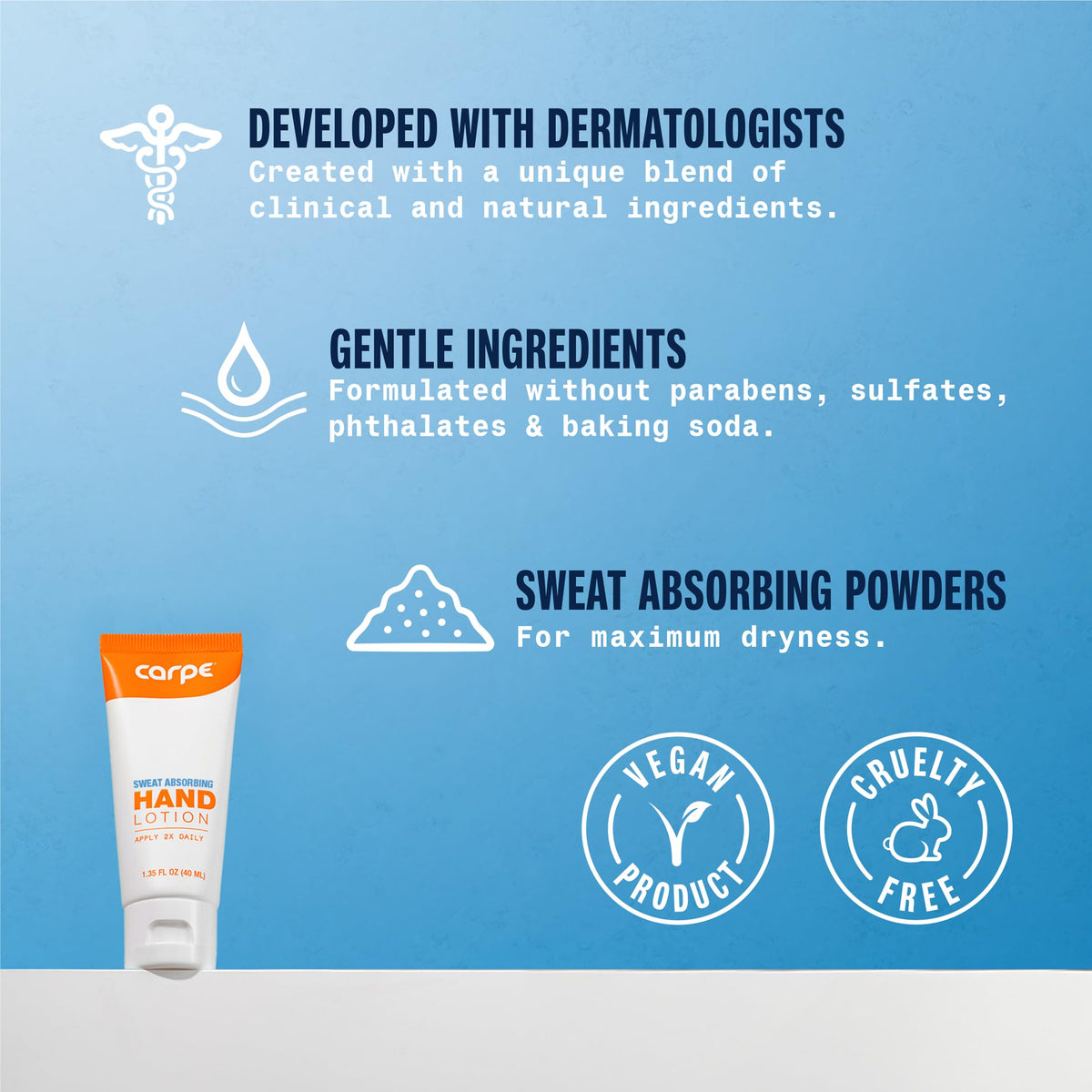 Carpe lotion texture close-up demonstrating quick-drying formula benefit