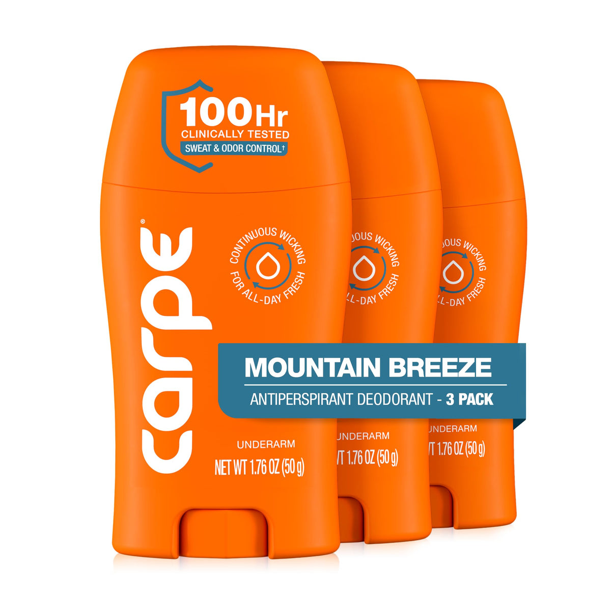 Carpe front packaging showing Mountain Breeze scent and 100-hour protection benefit