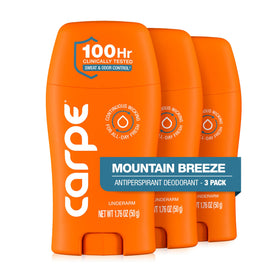 Carpe front packaging showing Mountain Breeze scent and 100-hour protection benefit