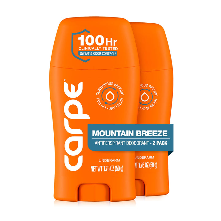 Carpe front packaging showing Mountain Breeze scent and 2-pack benefit