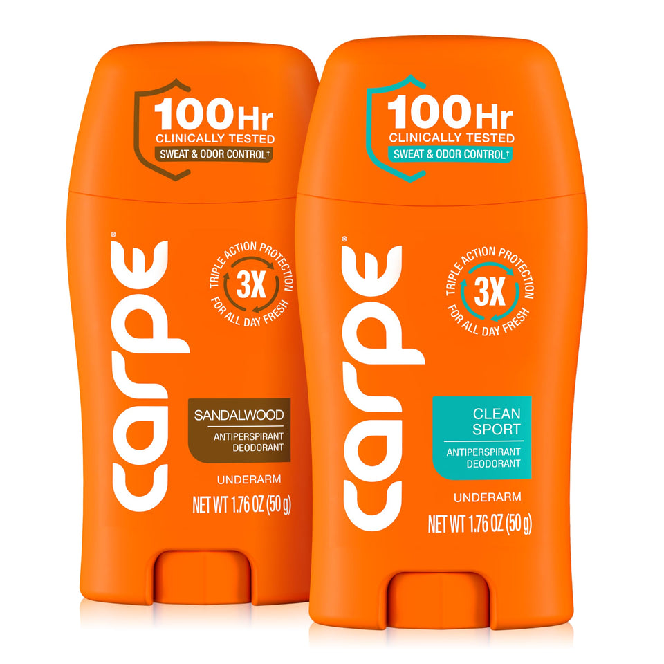 Carpe variety pack front view showing both Sandalwood and Clean Sport options for long-lasting sweat control