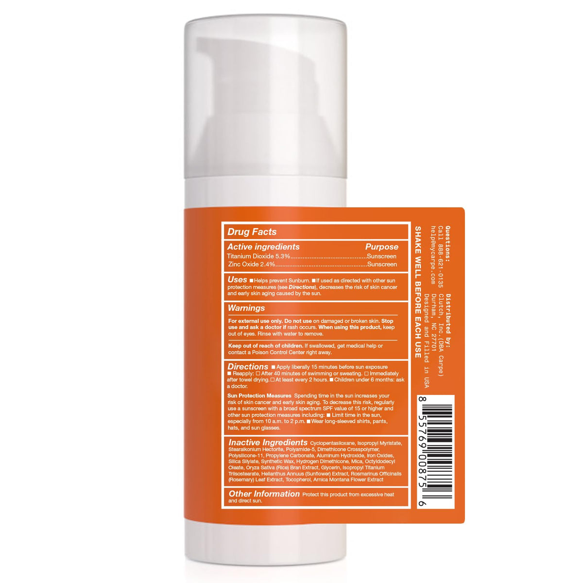 Carpe ingredients panel showing zinc SPF 30 and mattifying components