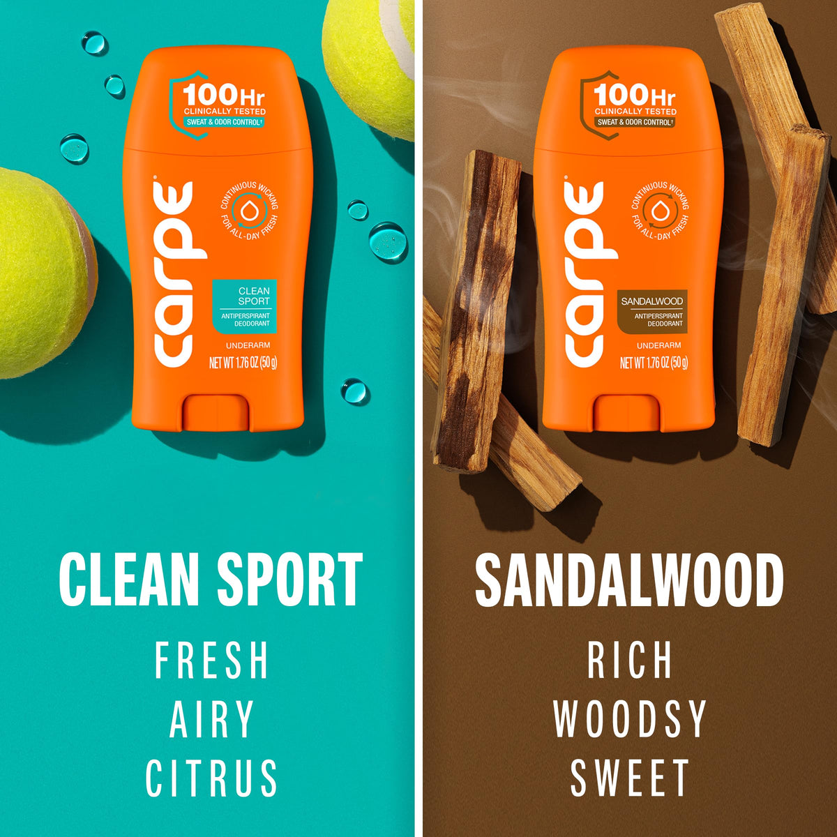 Carpe Sandalwood bottle close-up of label highlighting woody scent and clinical strength benefit
