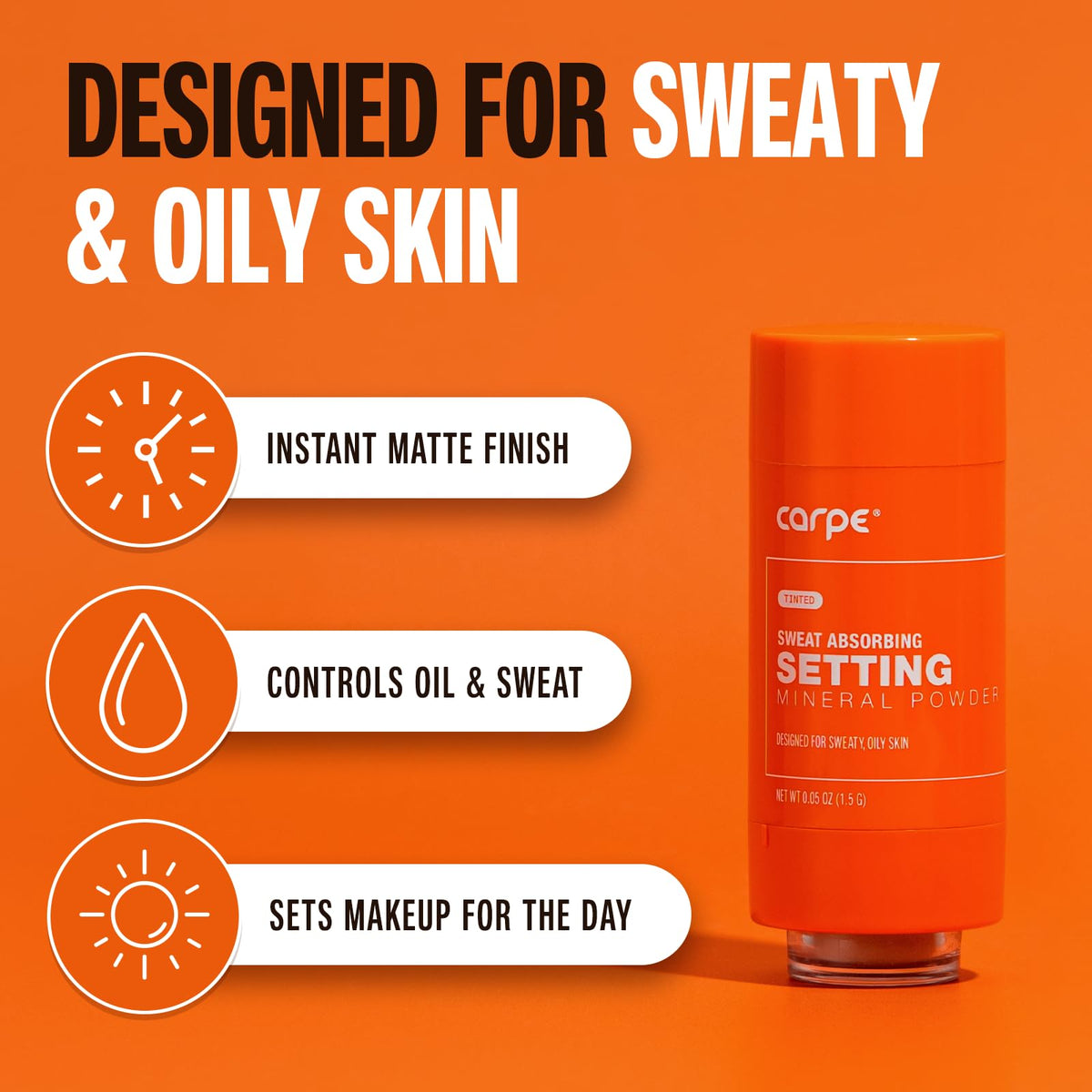 Carpe soft brush applicator poised to apply powder, precise matte control