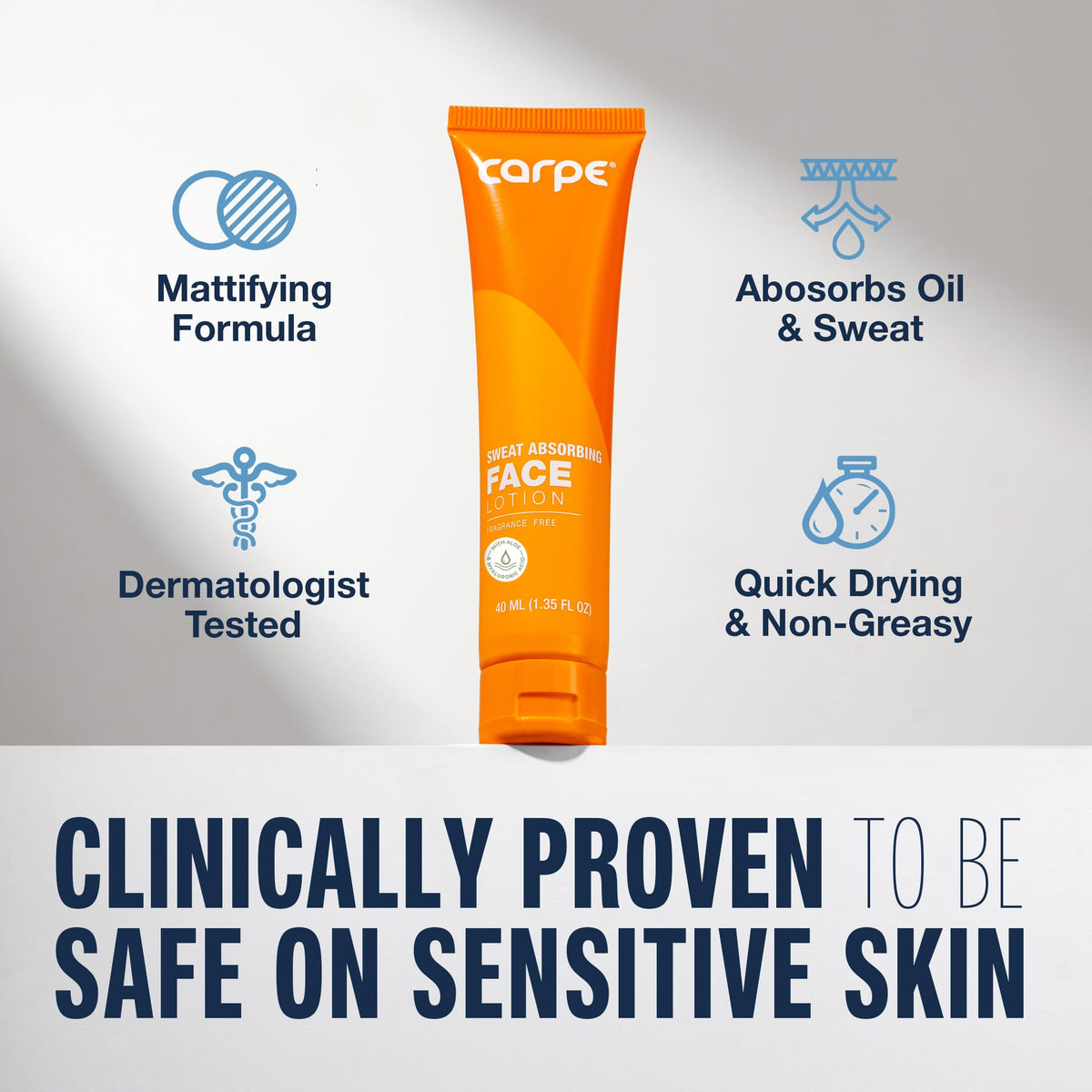 Carpe texture close-up of lotion, shows lightweight matte finish benefit