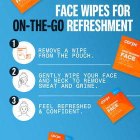 Carpe wipe in hand removing sweat from forehead, quick refresh