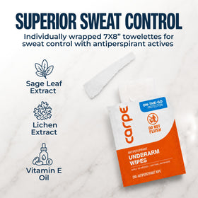 Carpe wipe in use underarm removing sweat and providing instant protection