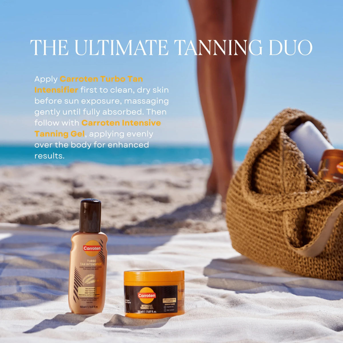 Carroten gel being smoothed on legs showing streak-free bronzing benefit