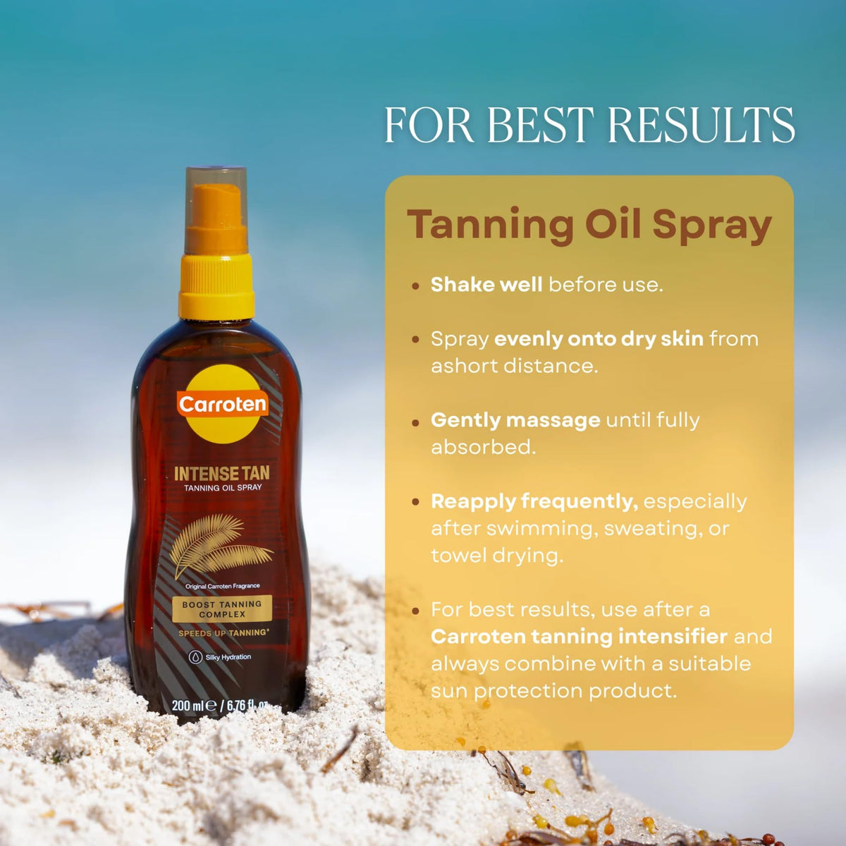 Carroten applied on model at beach conveying coconut fragrance and glow