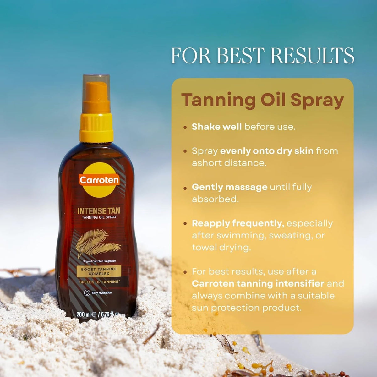 Carroten on model at beach illustrating bronzing and lifestyle appeal