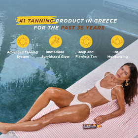 Lifestyle image of Carroten products at beach portraying radiant tanning routine