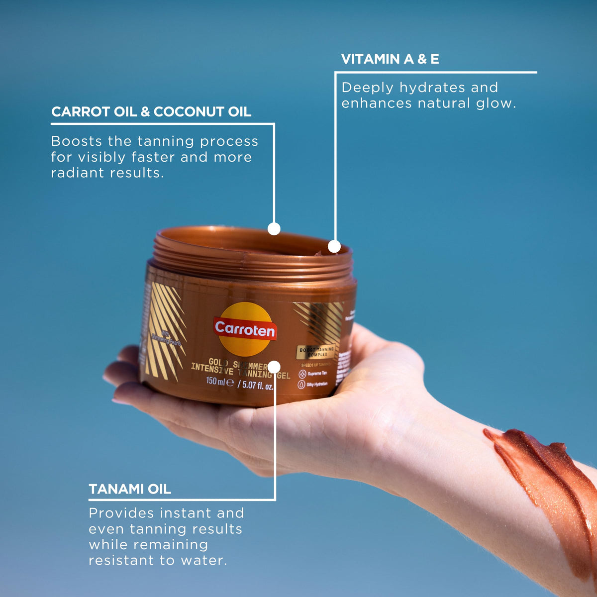 Carroten shimmering pearls detail highlighting instant golden radiance and light reflection