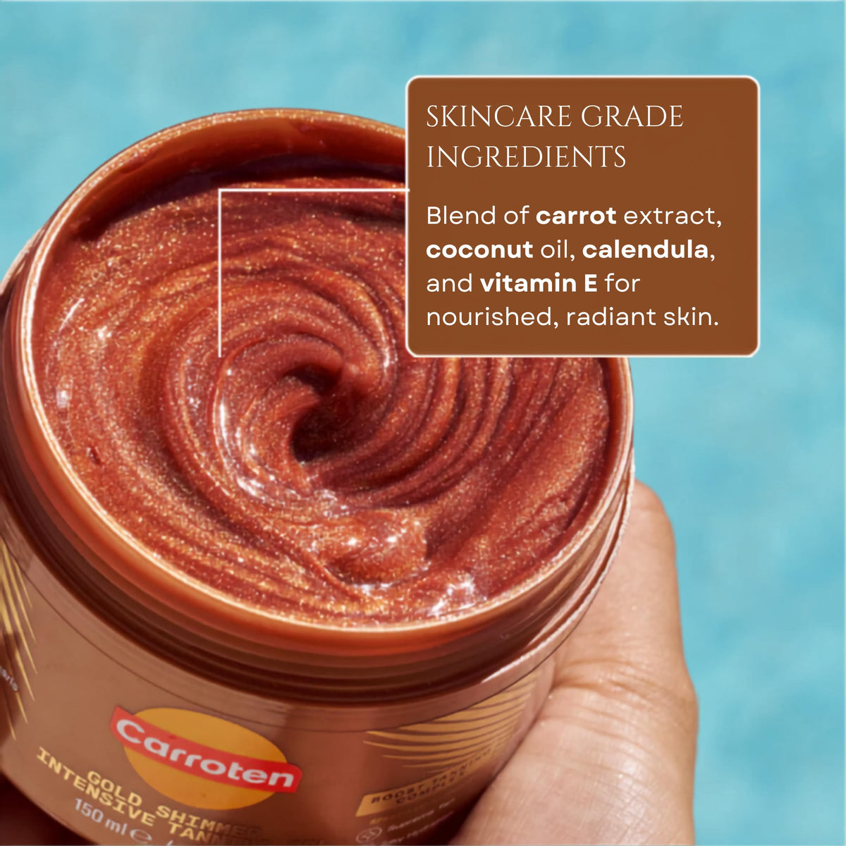 Carroten jar in hand scale photo showing 5 oz size for understanding product quantity