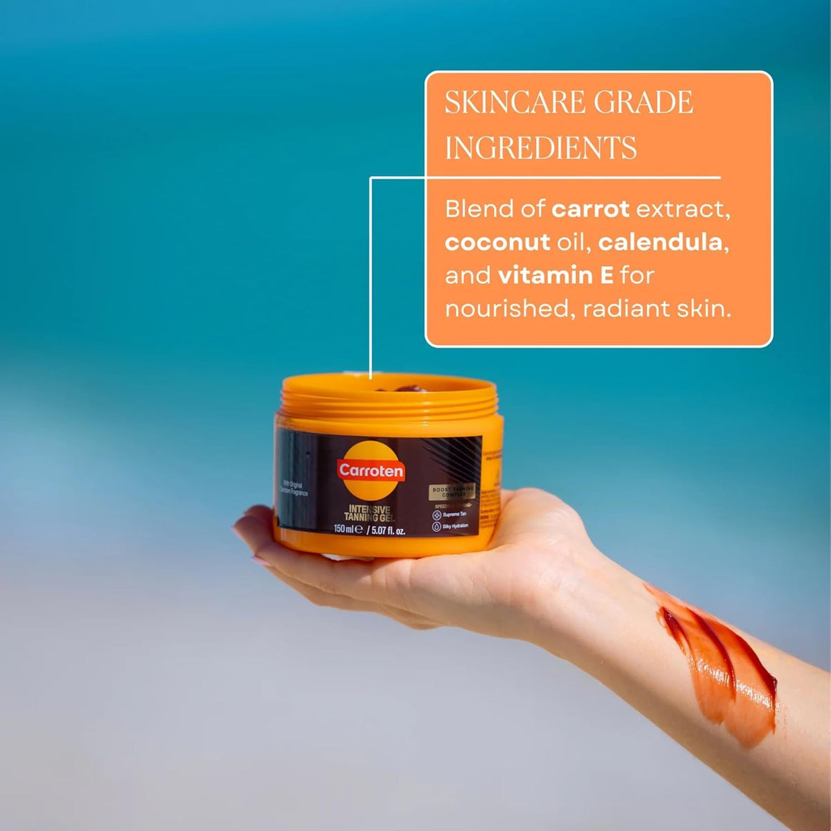Carroten near ocean showing water-resistant formula ideal for beach use