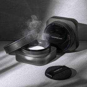 CARSLAN powder in a makeup bag lifestyle shot highlighting travel-ready, longwear benefits