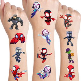CasaCraze close-up of multiple Spidey tattoo designs showing vibrant colors and detail
