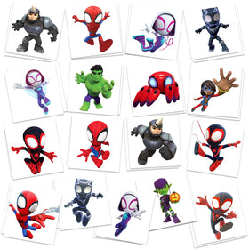CasaCraze front packaging displaying 34-piece Spidey temporary tattoos, great for party favors