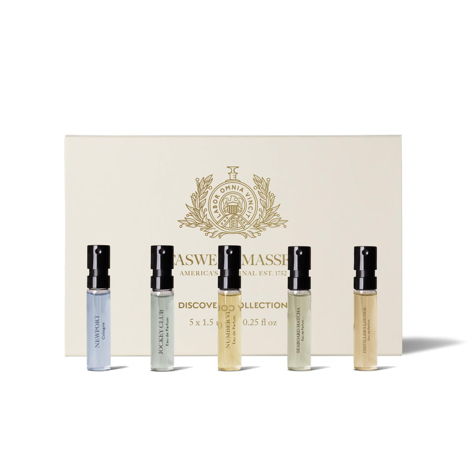 Caswell-Massey discovery set front packaging showing five sample vials and convenience