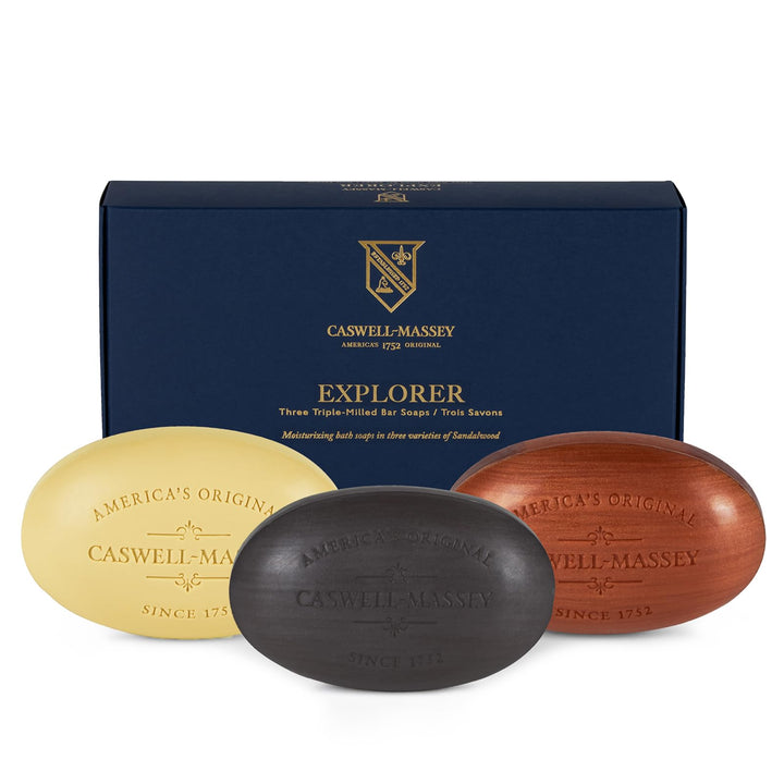 Caswell-Massey front box showing woodgrain sandalwood packaging and gifting appeal